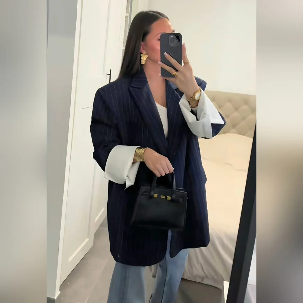 Zara NWT Oversized Pinstripe Blazer Navy Blue Size XS/S